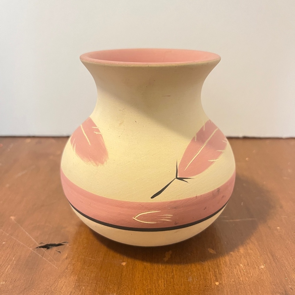 Desert Pueblo Vase Rose Feather #43 Hand Painted Stoneware Southwestern